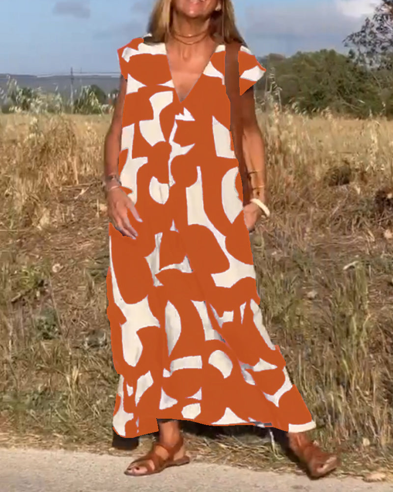 Patterned Deep V Midi Dress