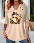 Casual V-Neck Snowman Print Top