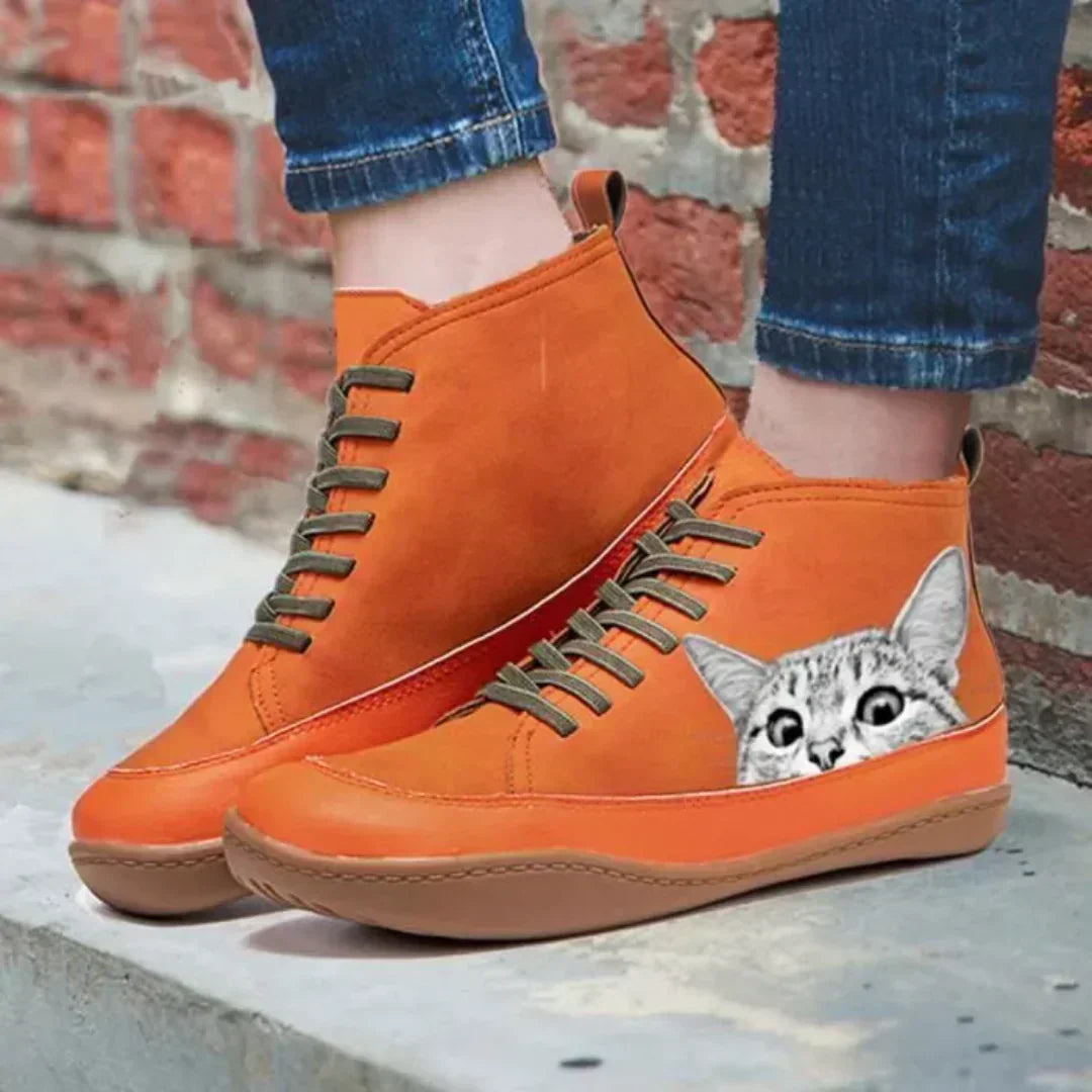 Leather Boots with Cat Design