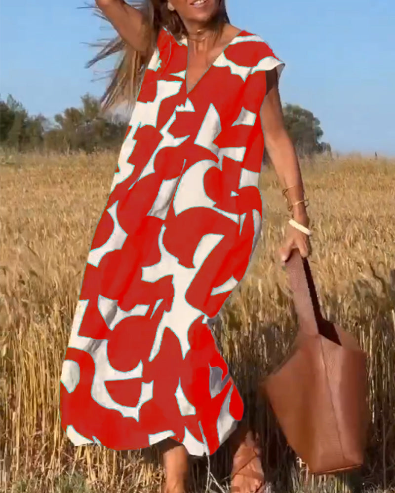 Patterned Deep V Midi Dress