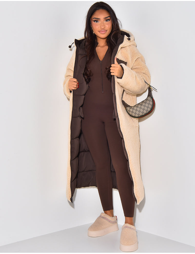 Long Puffer Coat with Fleece Lining and Hood