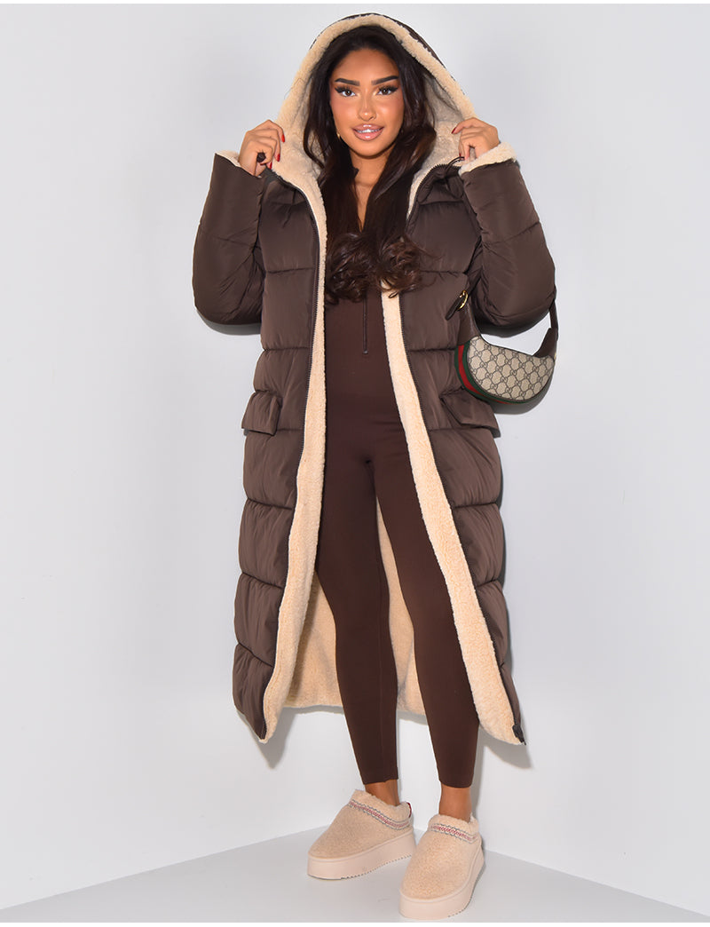 Long Puffer Coat with Fleece Lining and Hood