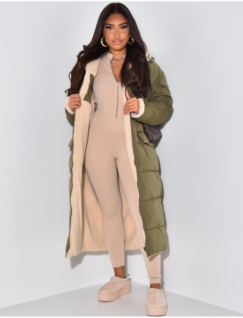 Long Puffer Coat with Fleece Lining and Hood
