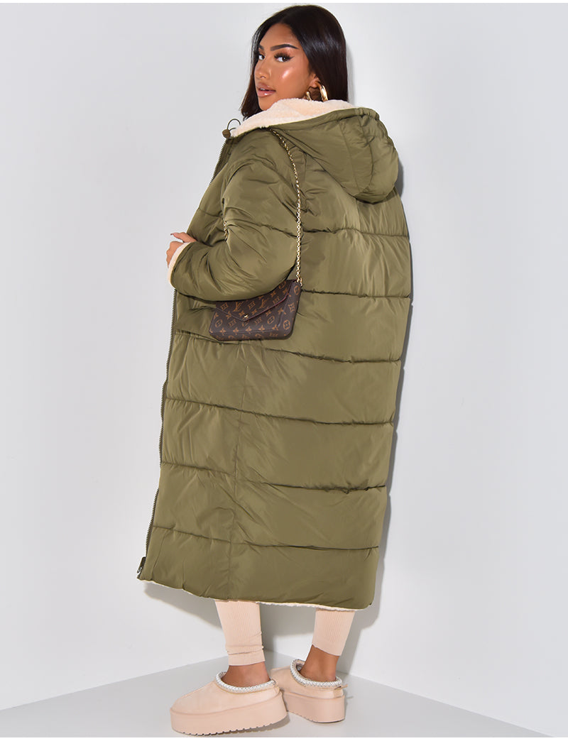 Long Puffer Coat with Fleece Lining and Hood