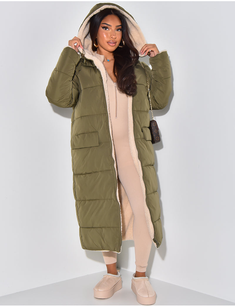 Long Puffer Coat with Fleece Lining and Hood