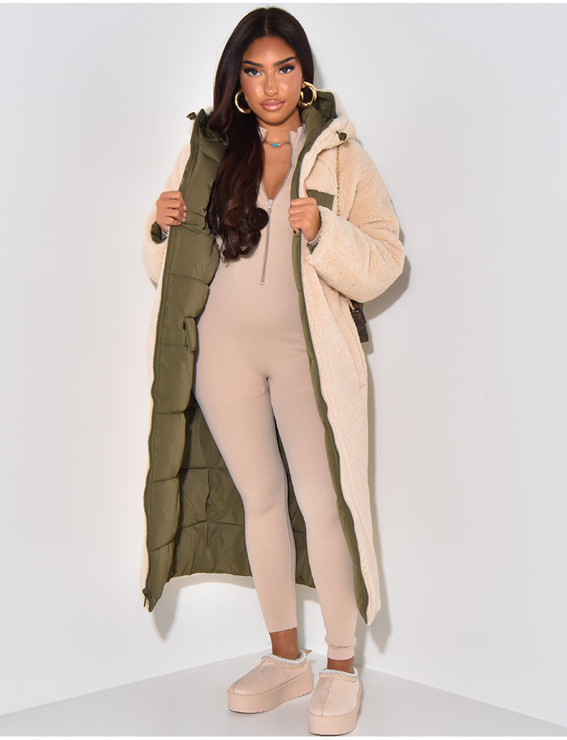 Long Puffer Coat with Fleece Lining and Hood