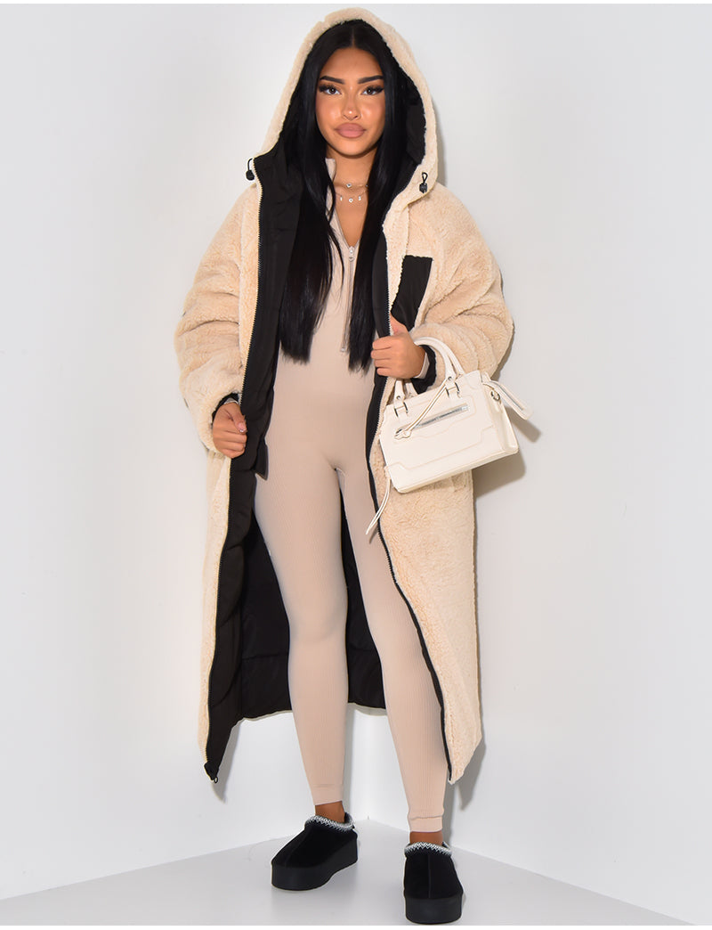 Long Puffer Coat with Fleece Lining and Hood