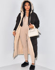 Long Puffer Coat with Fleece Lining and Hood