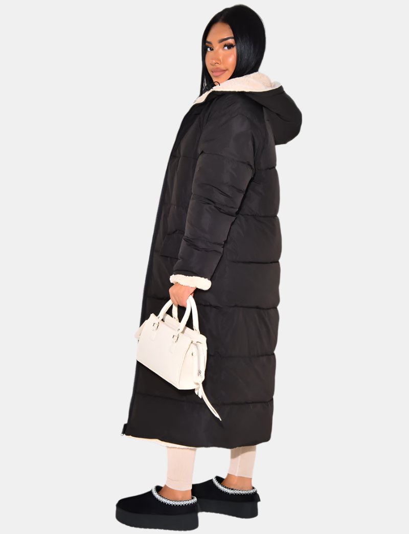 Long Puffer Coat with Fleece Lining and Hood