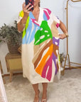 Colorful leaf print casual dress