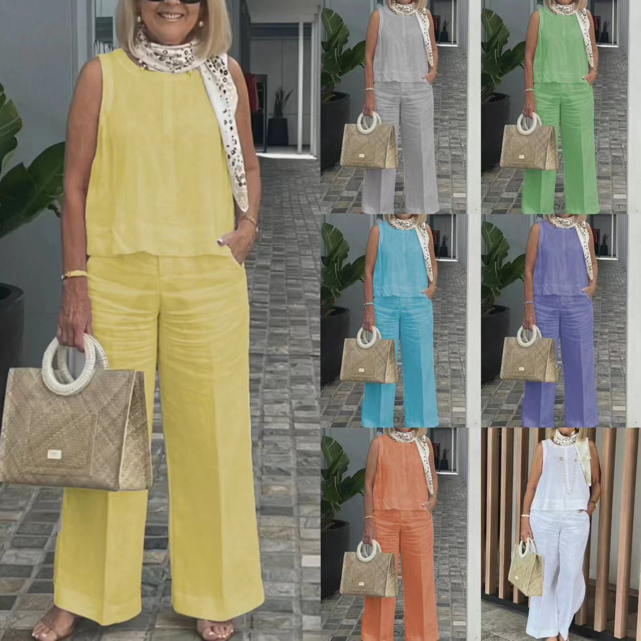 Sleeveless Cotton Linen Wide-Leg Pants Set
