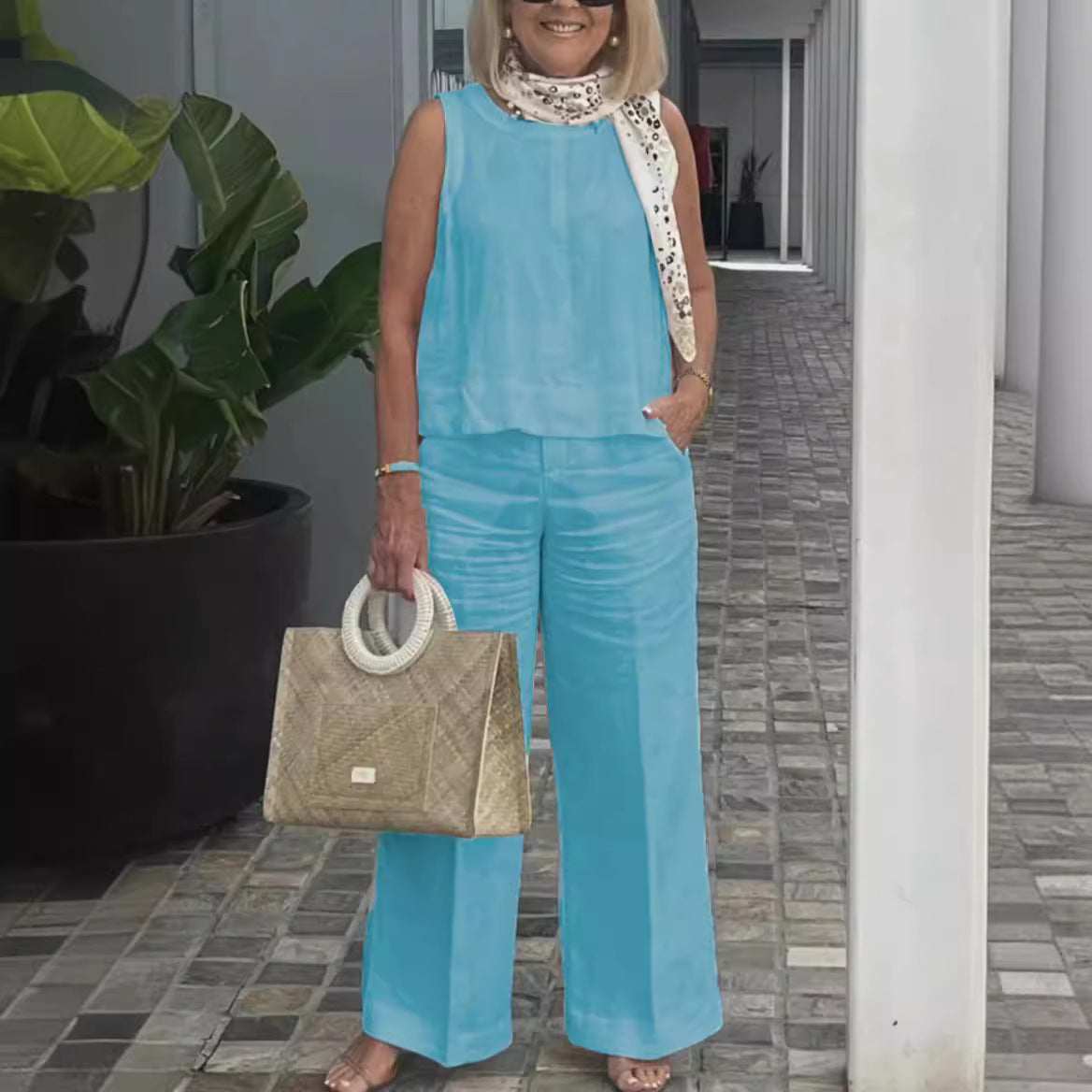 Sleeveless Cotton Linen Wide-Leg Pants Set