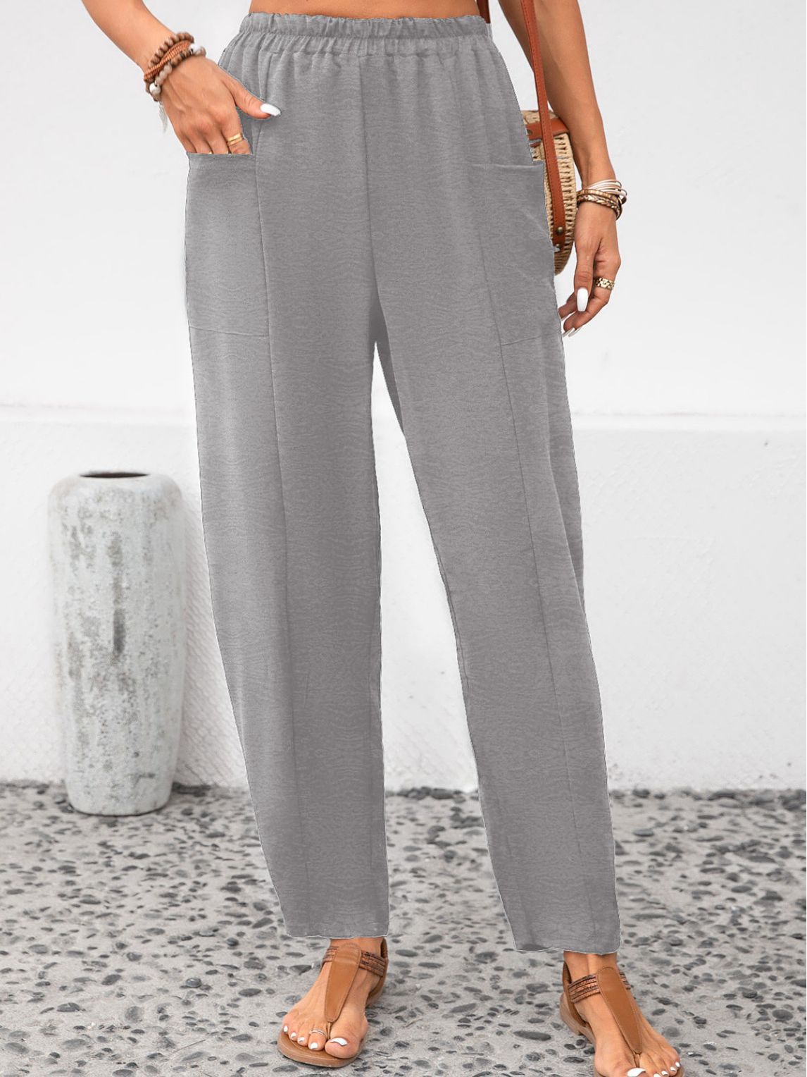 Solid Color Elastic Pants