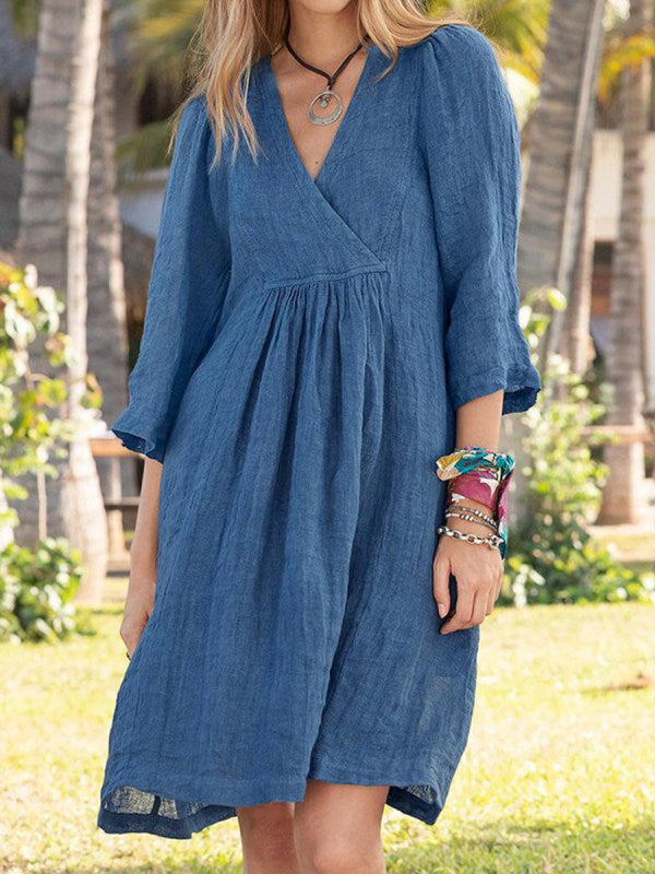 Cotton Linen V Neck Midi Dress