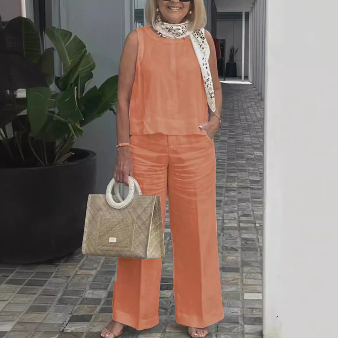 Sleeveless Cotton Linen Wide-Leg Pants Set