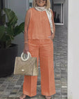 Sleeveless Cotton Linen Wide-Leg Pants Set