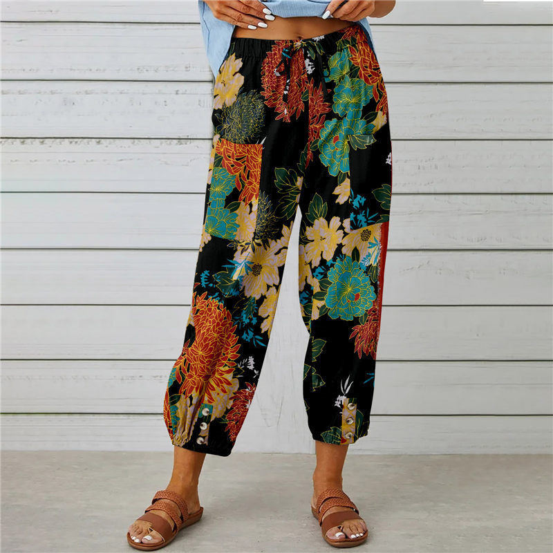 High Waist Drawstring Retro Printed Pants