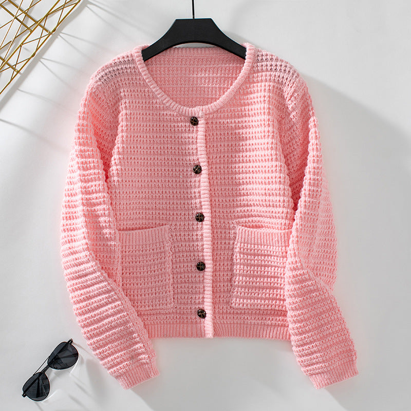 Solid Color Round Neck Knit Cardigan
