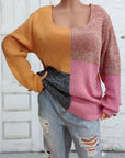 Color Block Decorative Button Long Sleeve Sweater