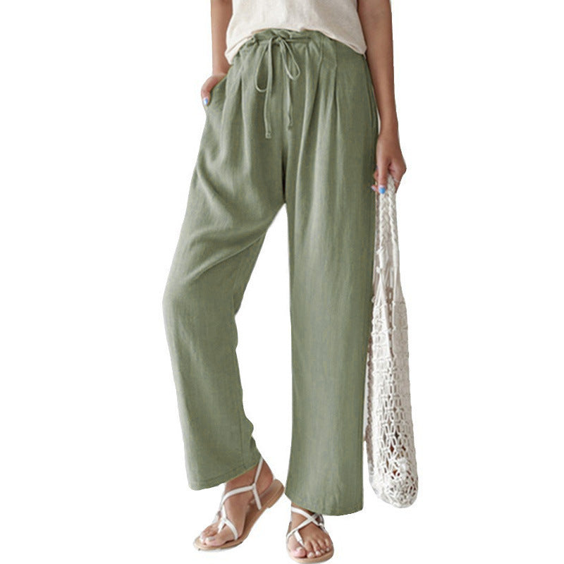 Elastic Waist Cotton Linen Straight Pants