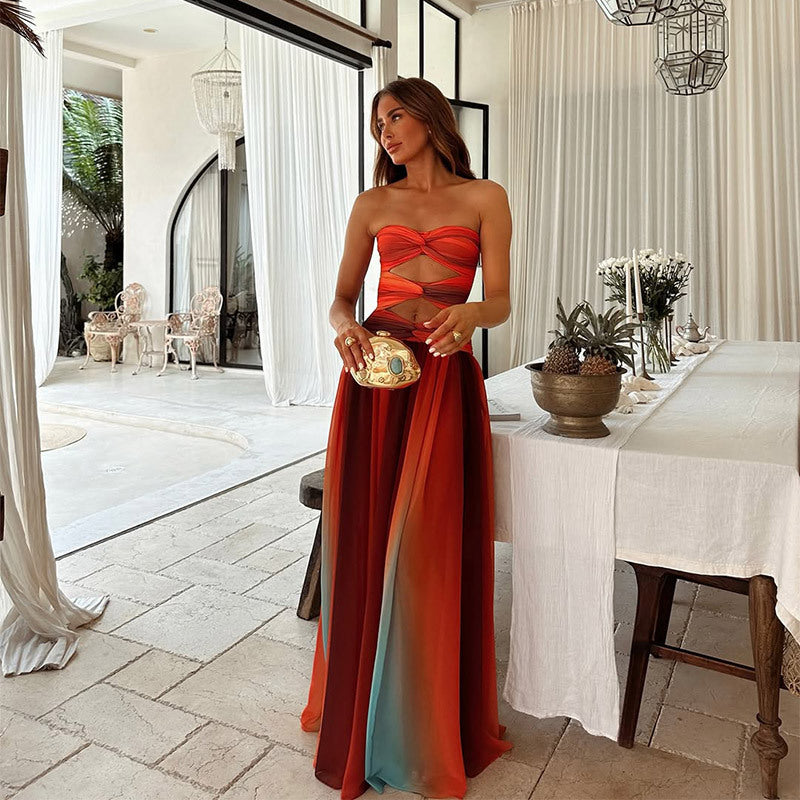 Hollow Out Tie-Dye Gradient Long Dress