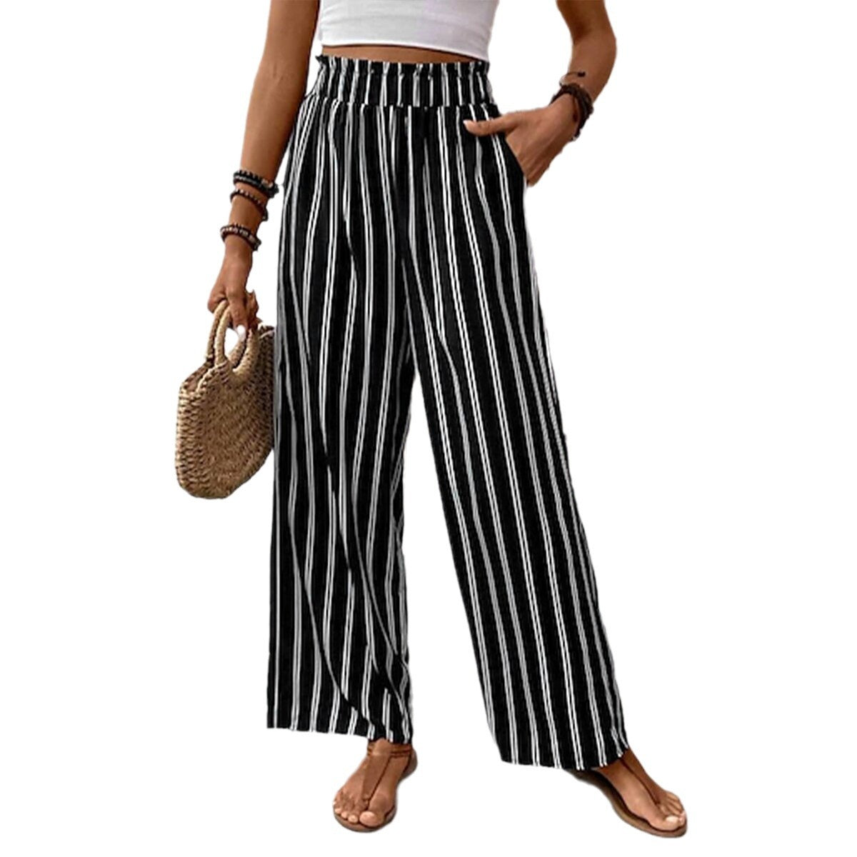 Striped Ruffle Wide-Leg Pants