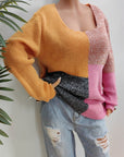 Color Block Decorative Button Long Sleeve Sweater