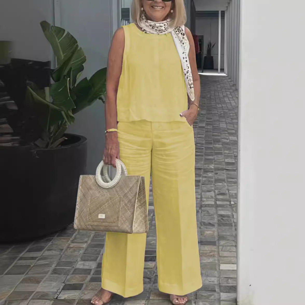 Sleeveless Cotton Linen Wide-Leg Pants Set