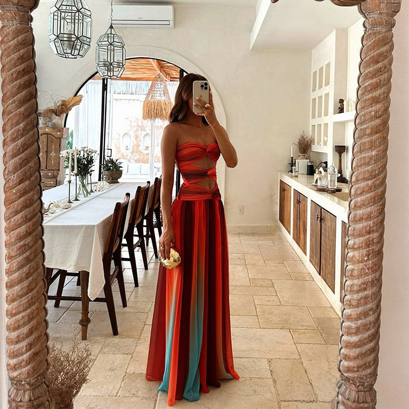 Hollow Out Tie-Dye Gradient Long Dress