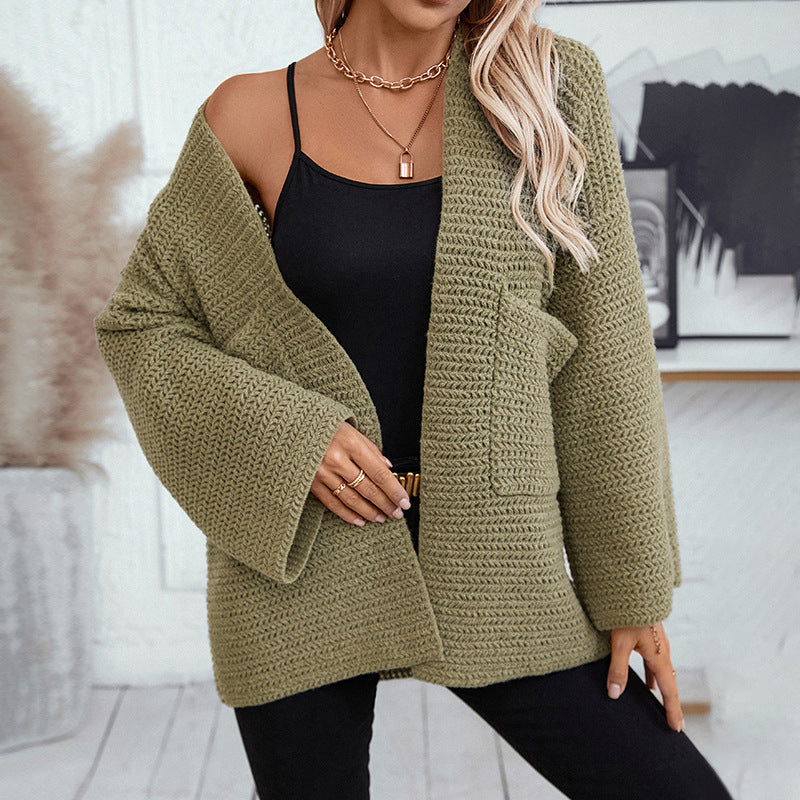 Women's Long V Neck Solid Color Cardigan