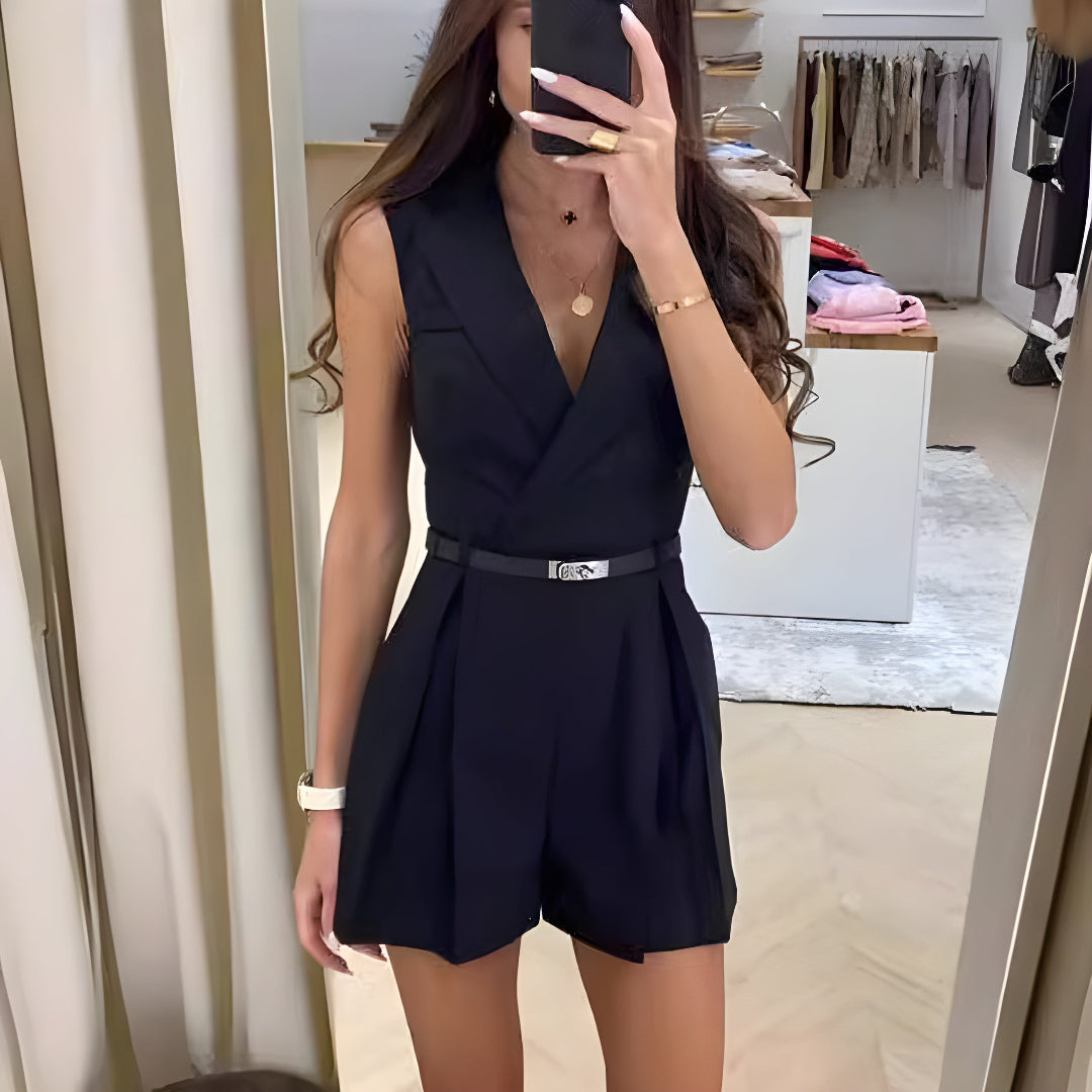 Women's Elegant Belted Wrap-Style Collar Jumpsuit