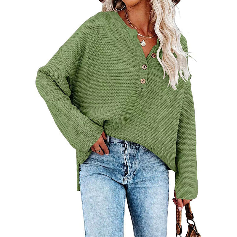 Button Pullover V-Neck Knitted Sweater