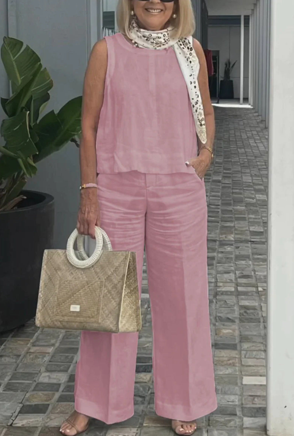 Sleeveless Cotton Linen Wide-Leg Pants Set