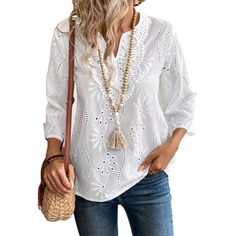Loose Fit V-Neck Embroidered Top