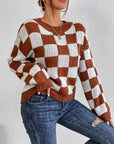 Women's Checkered Crew Neck Long Sleeve Sweater