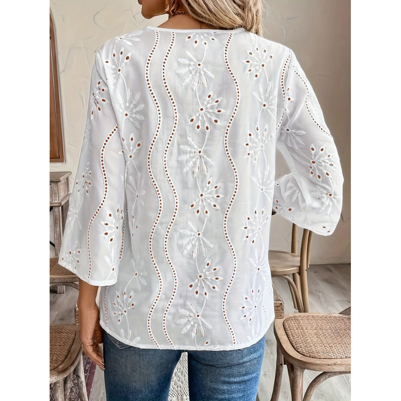 Loose Fit V-Neck Embroidered Top