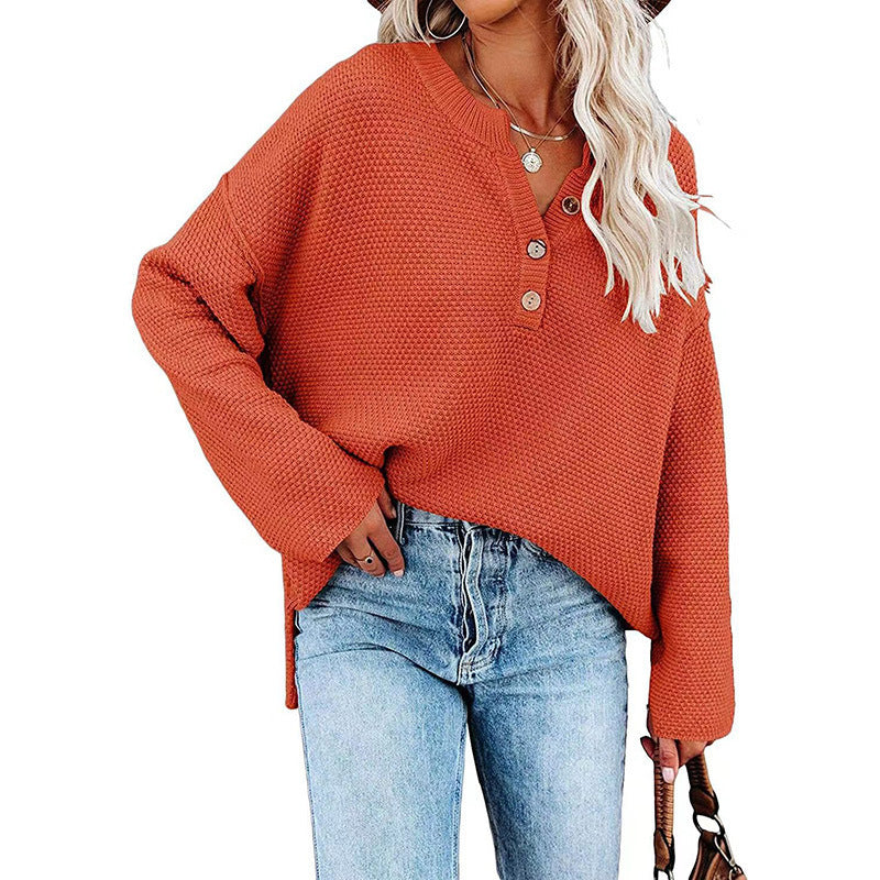 Button Pullover V-Neck Knitted Sweater