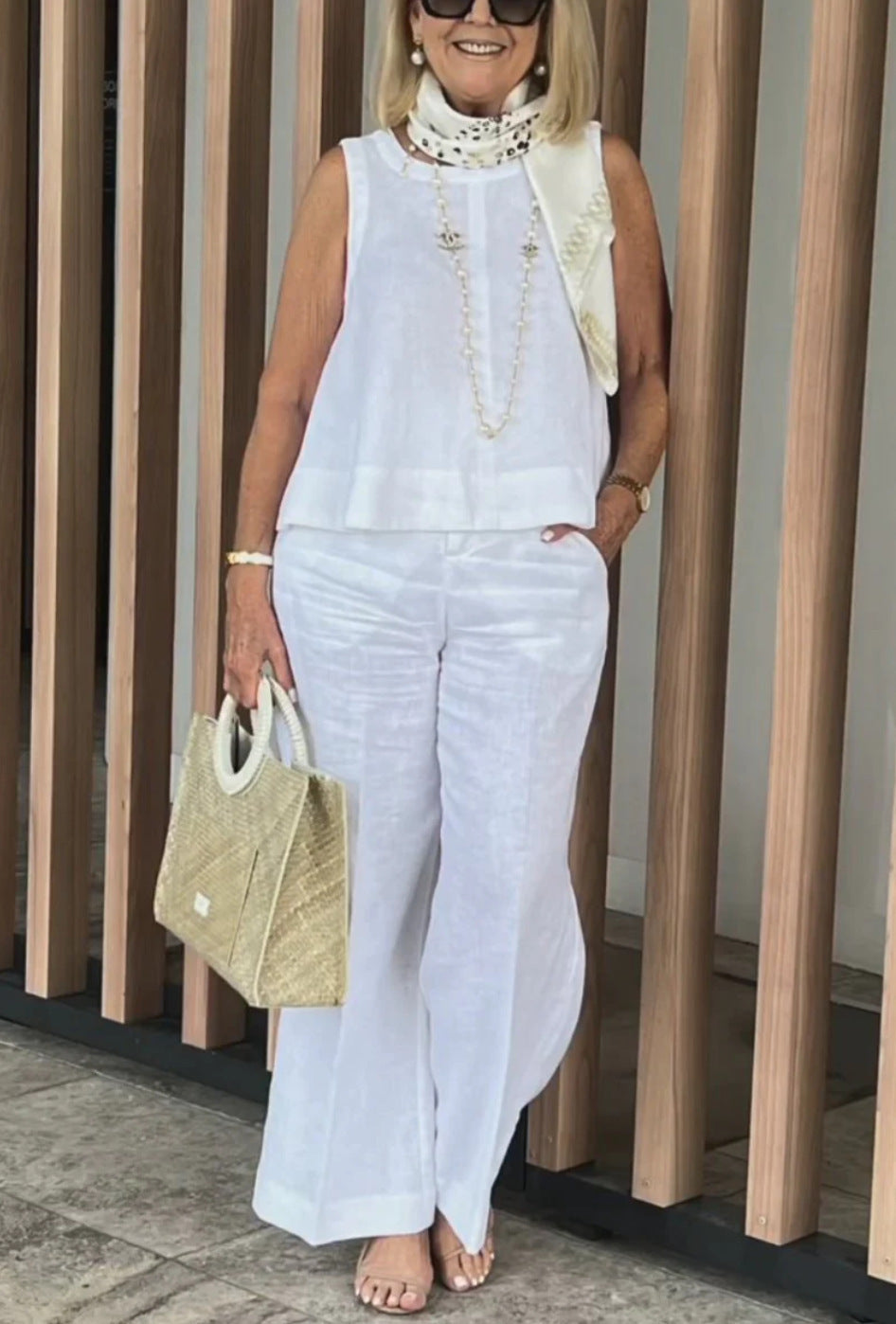 Sleeveless Cotton Linen Wide-Leg Pants Set