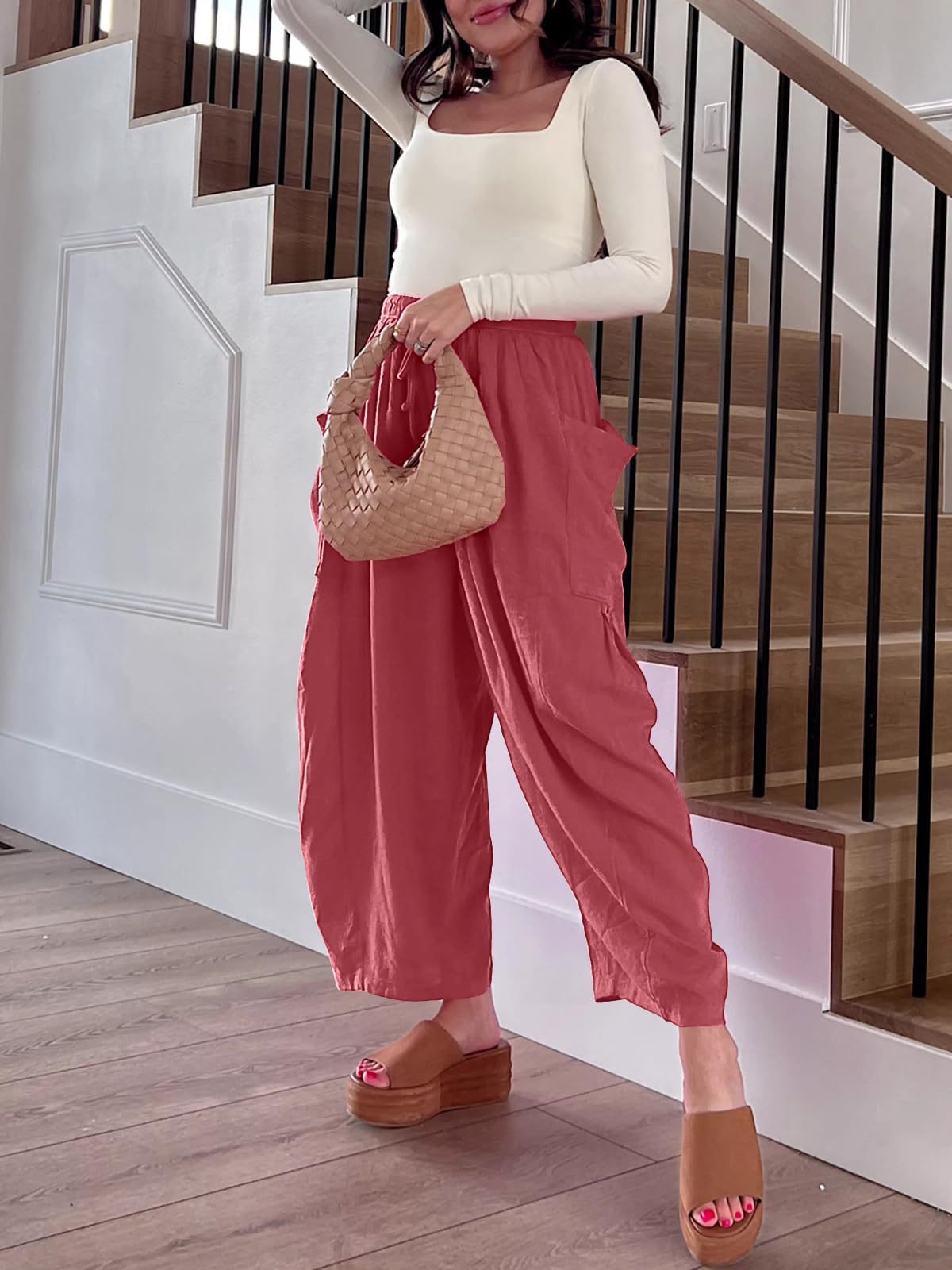 Elastic Waist Pleated Wide Leg Pants