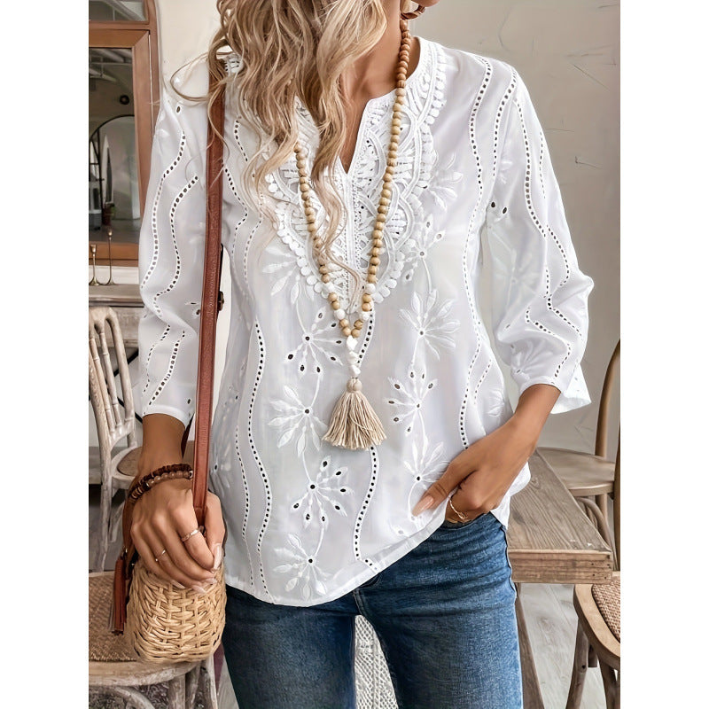 Loose Fit V-Neck Embroidered Top