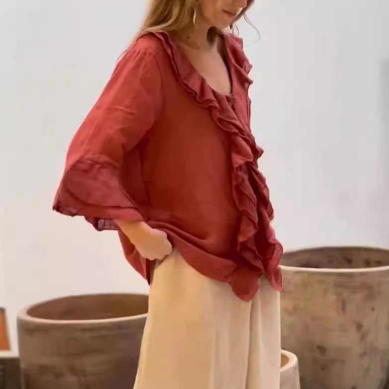 Stylish Solid Top with Feminine Ruffle Detail