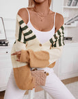 Color Block V-Neck Button Down Long Sleeve Cardigan
