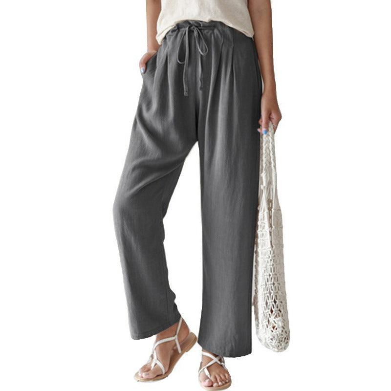 Elastic Waist Cotton Linen Straight Pants