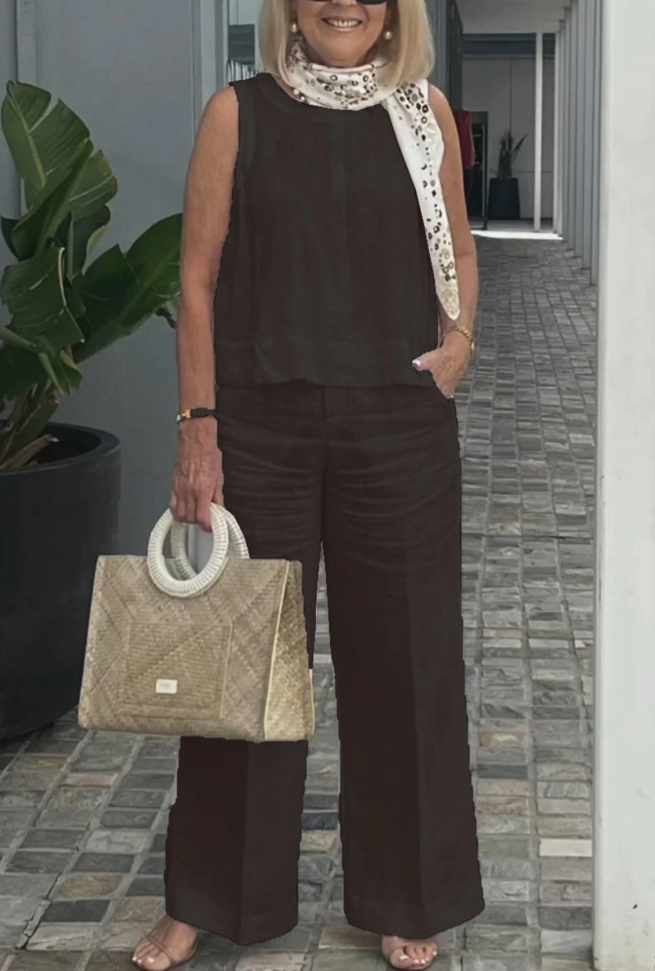Sleeveless Cotton Linen Wide-Leg Pants Set