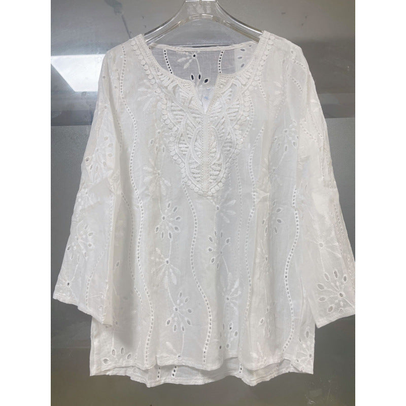 Loose Fit V-Neck Embroidered Top