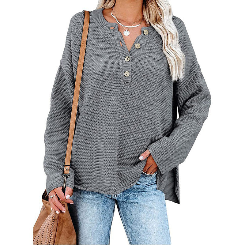 Button Pullover V-Neck Knitted Sweater