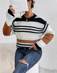 Contrast Striped Round Neck Long Sleeve Sweater