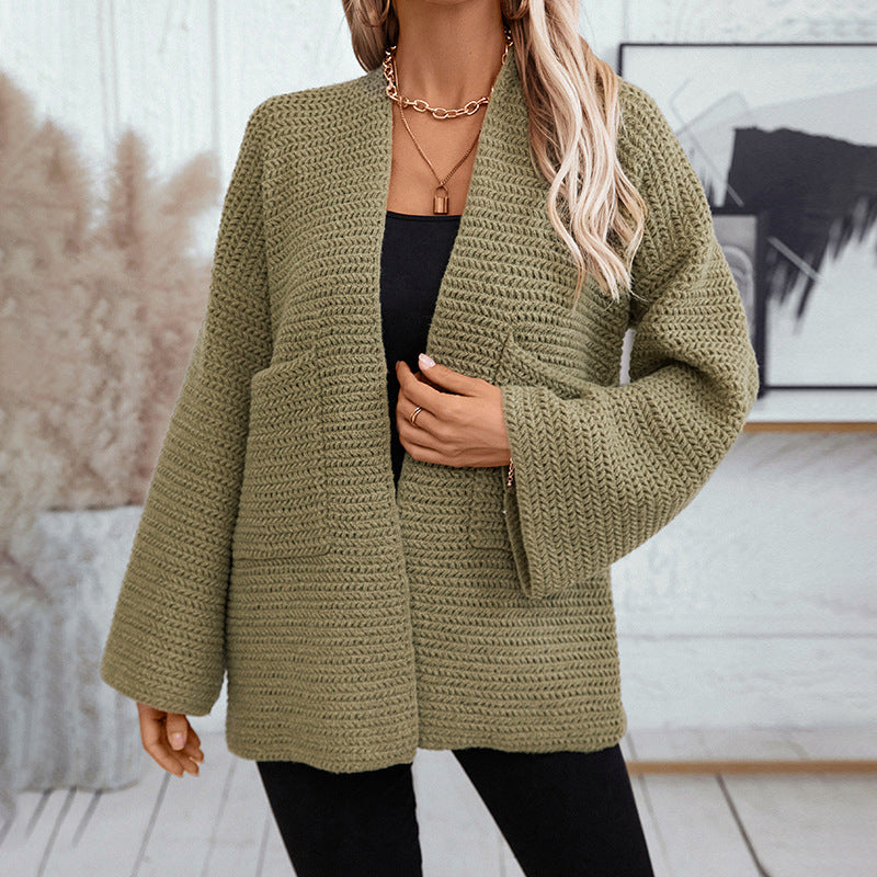 Women's Long V Neck Solid Color Cardigan