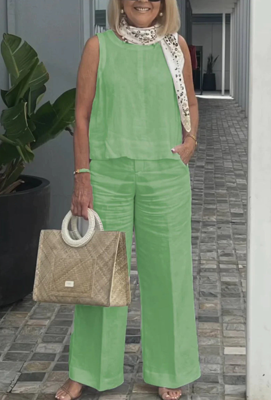 Sleeveless Cotton Linen Wide-Leg Pants Set