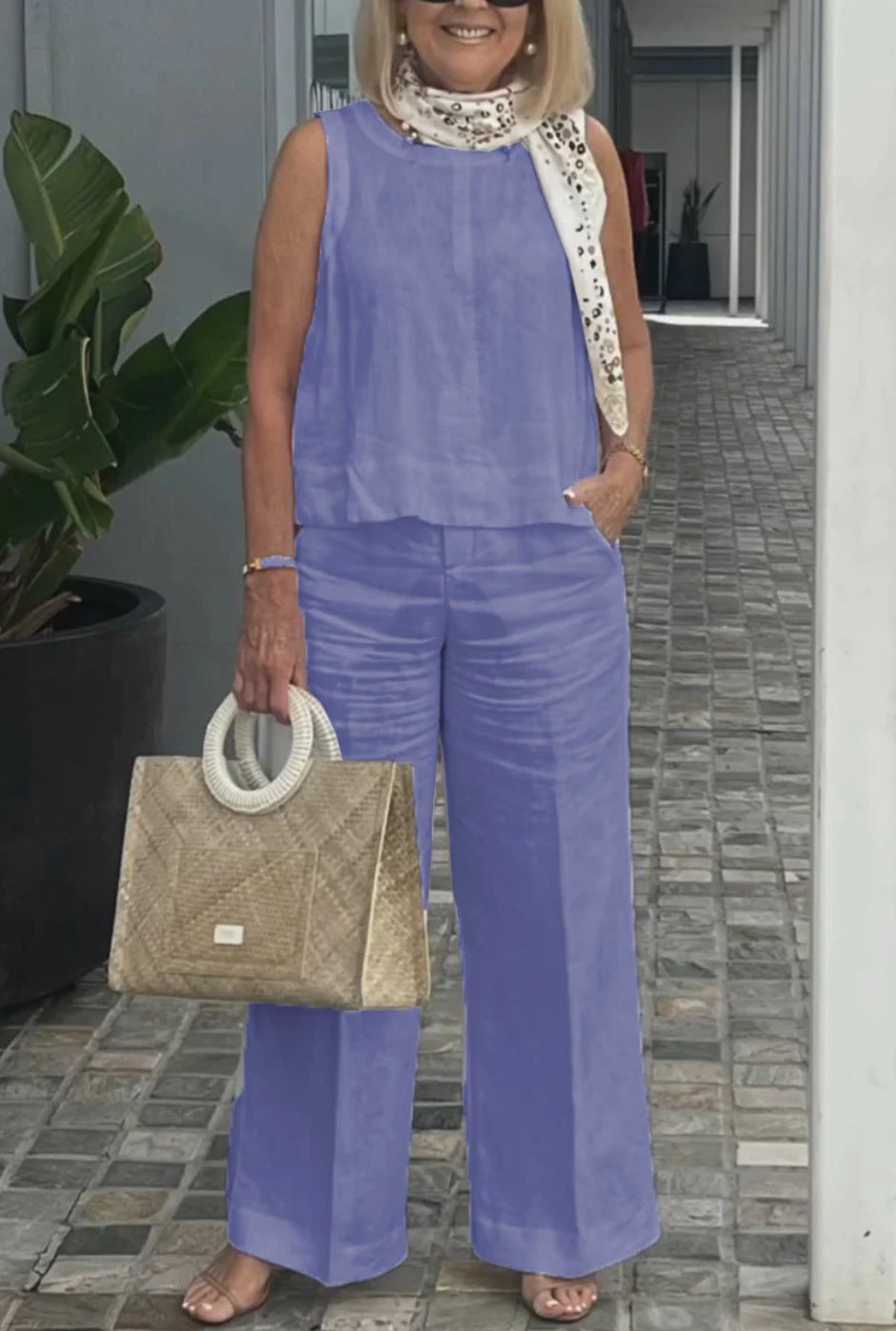 Sleeveless Cotton Linen Wide-Leg Pants Set